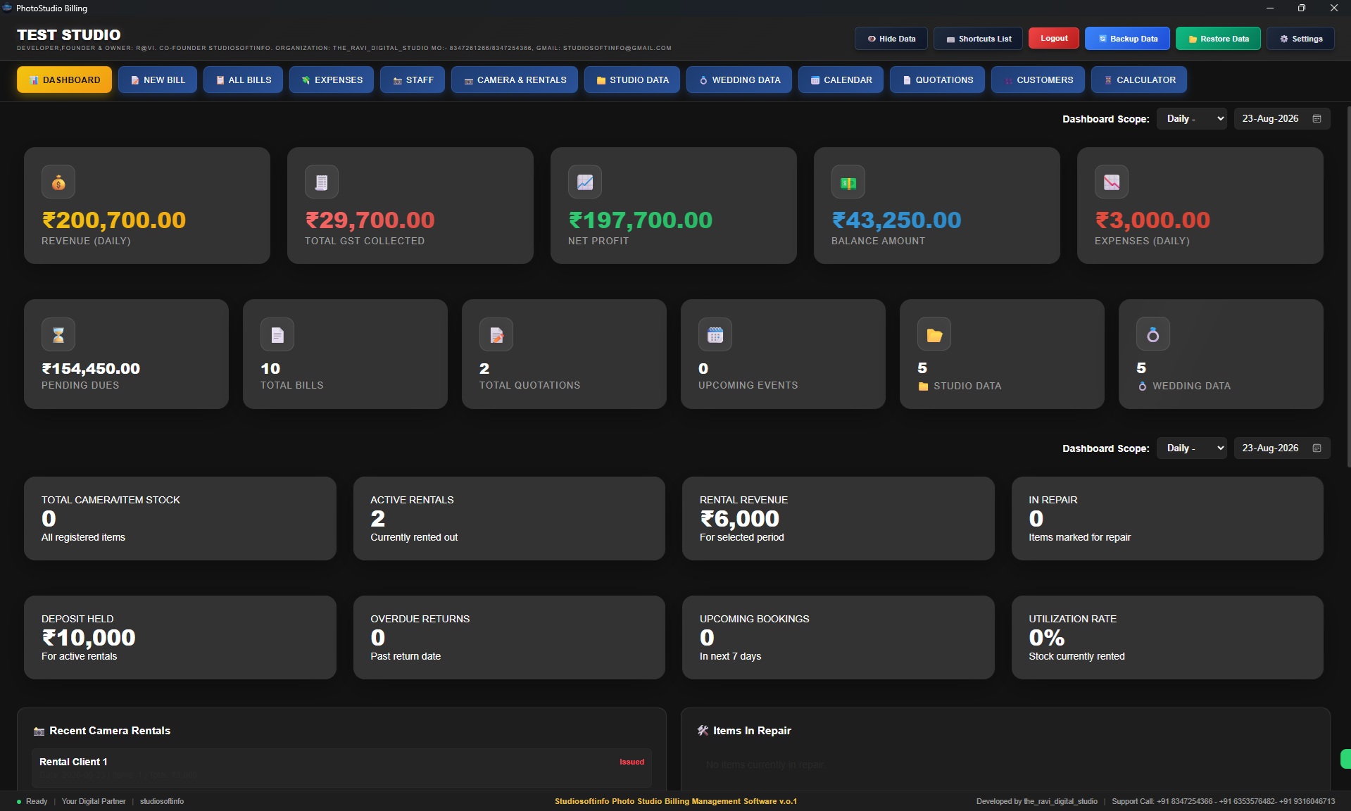 StudioSoftinfo billing dashboard showing invoices and customer management